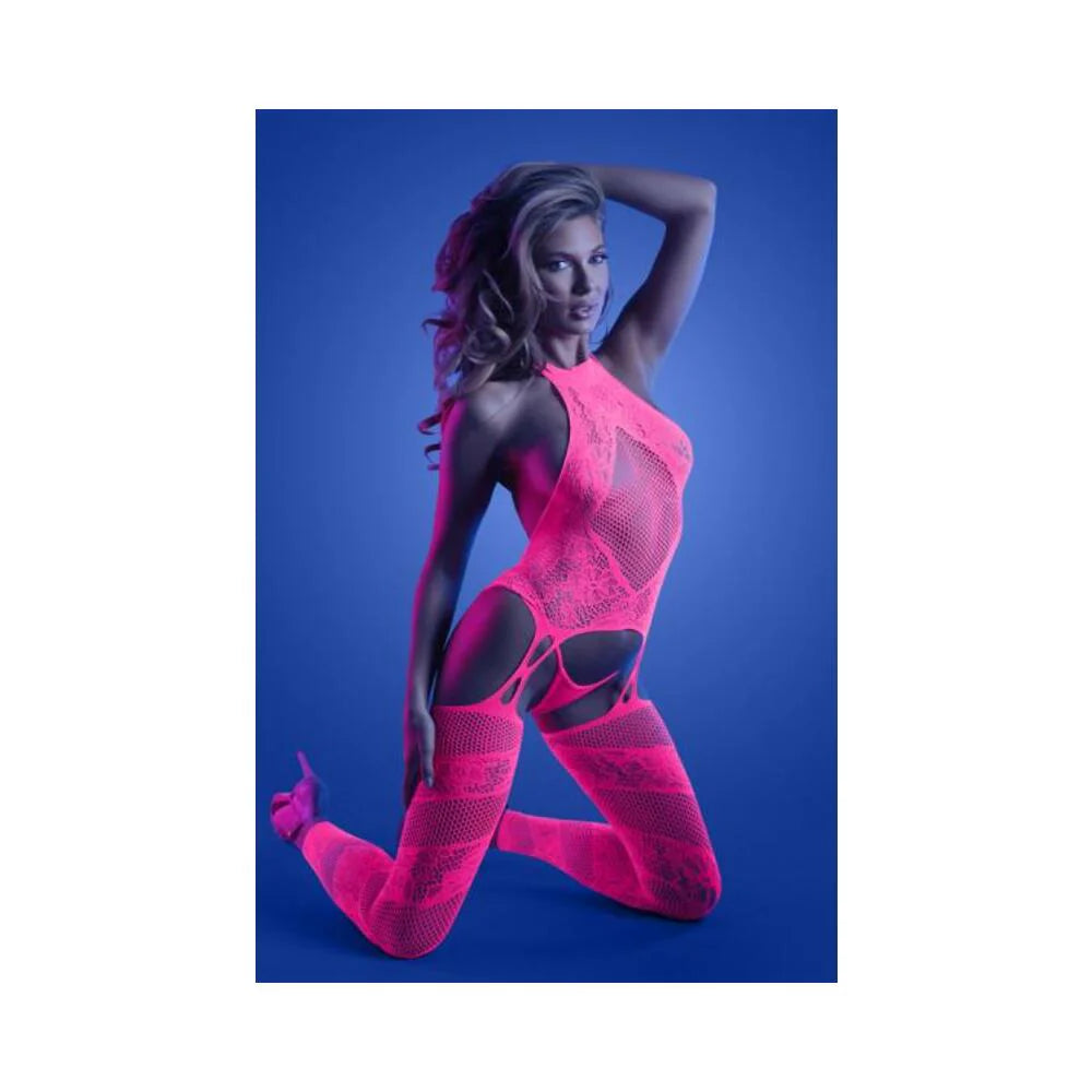 Fantasy Lingerie Glow Captivating High Neck Halter Bodystocking & G-string Set Neon Pink O/s
