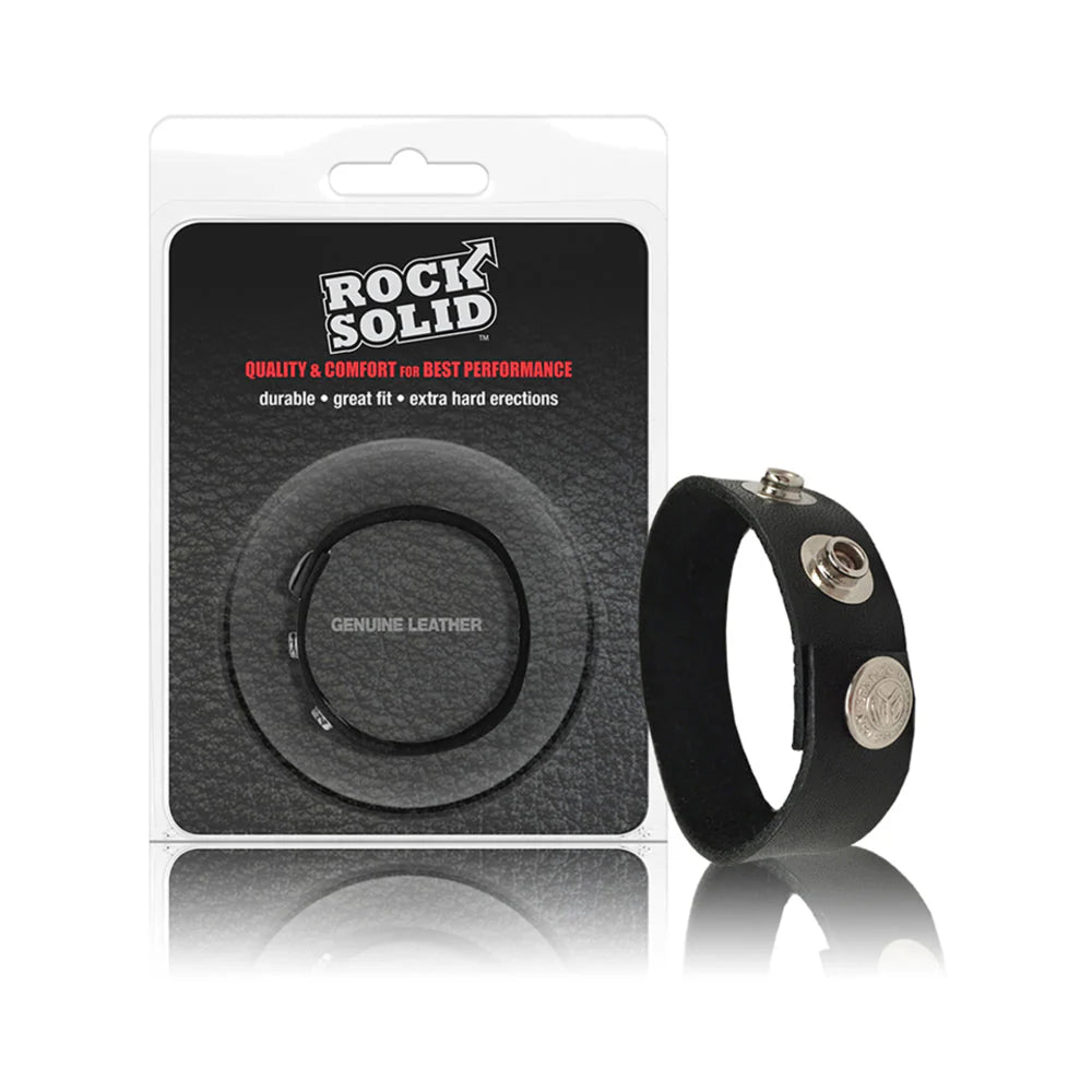 Rock Solid Adjustable Leather 3 Snap Cock Ring Black