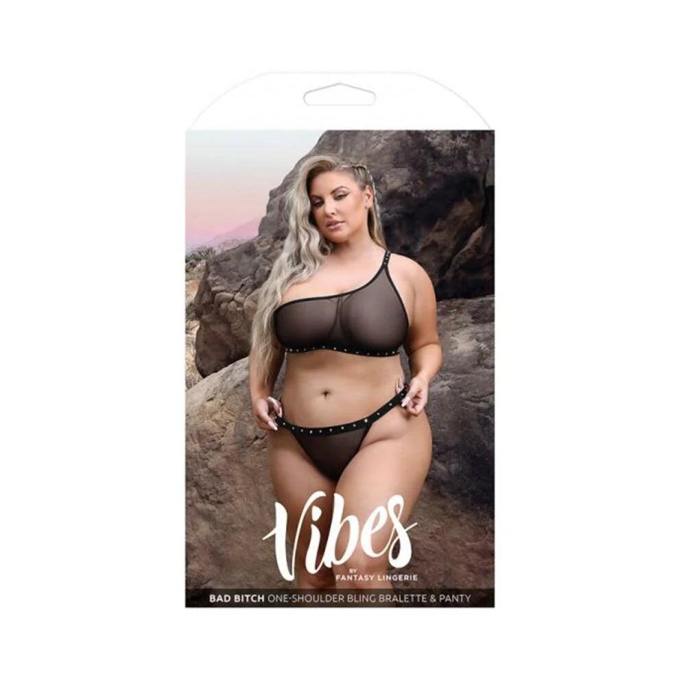 Fantasy Lingerie Vibes Bad Bitch One-shoulder Bling Bralette & Bikini Panty With Rhinestone Letterin