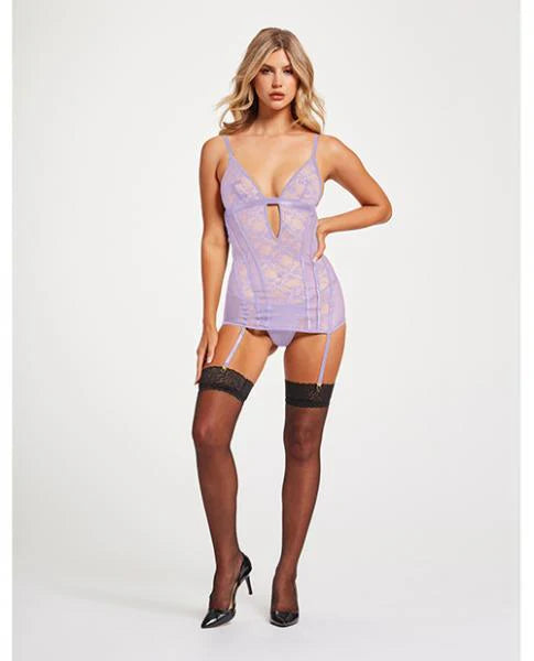 Lace & Mesh Triangle Cup Chemise W/garters & Thong Lavender Xl