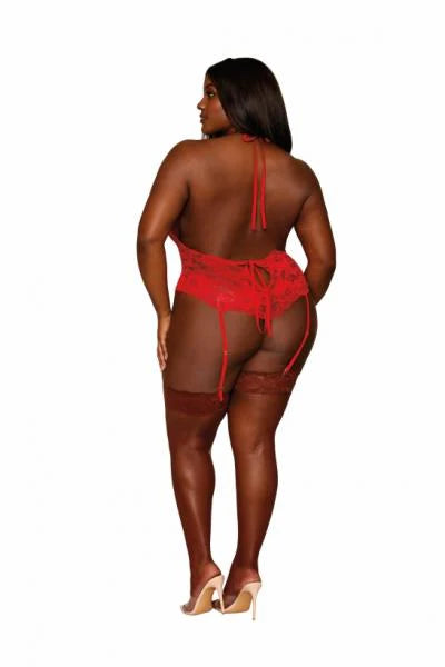 Stretch Lace Garter Teddy W/ Heart Chain Ruby Q/s