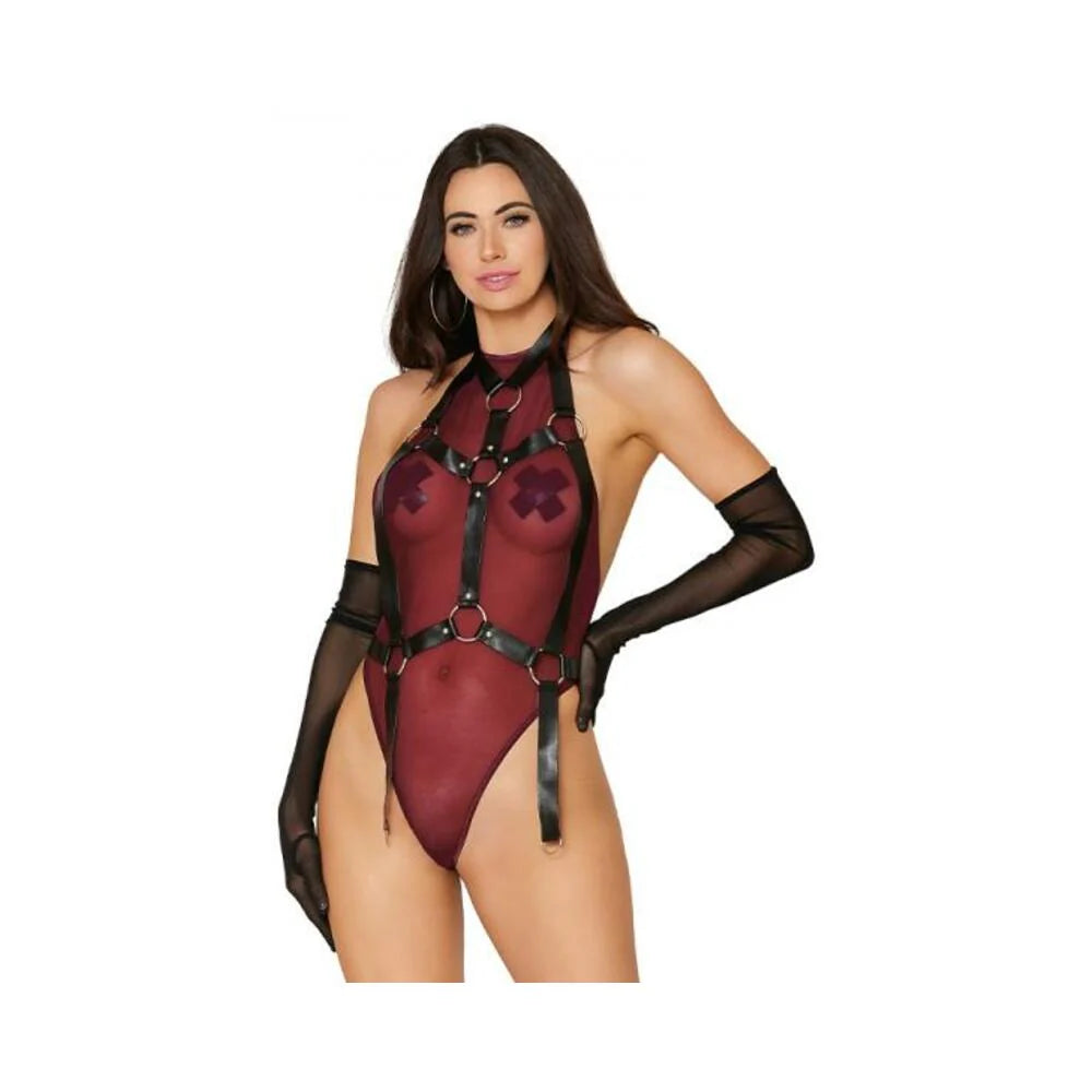Dreamgirl High-neck Mesh Teddy & Garter Body Harness Burgundy Black L