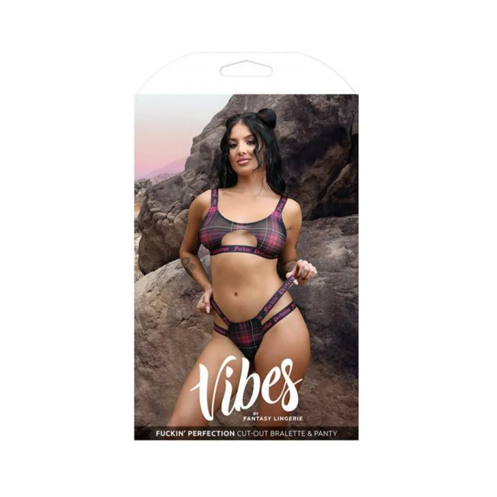 Fantasy Lingerie Vibes Fuckin' Perfection Plaid Mesh Cut Out Bralette & Panty Black S/m
