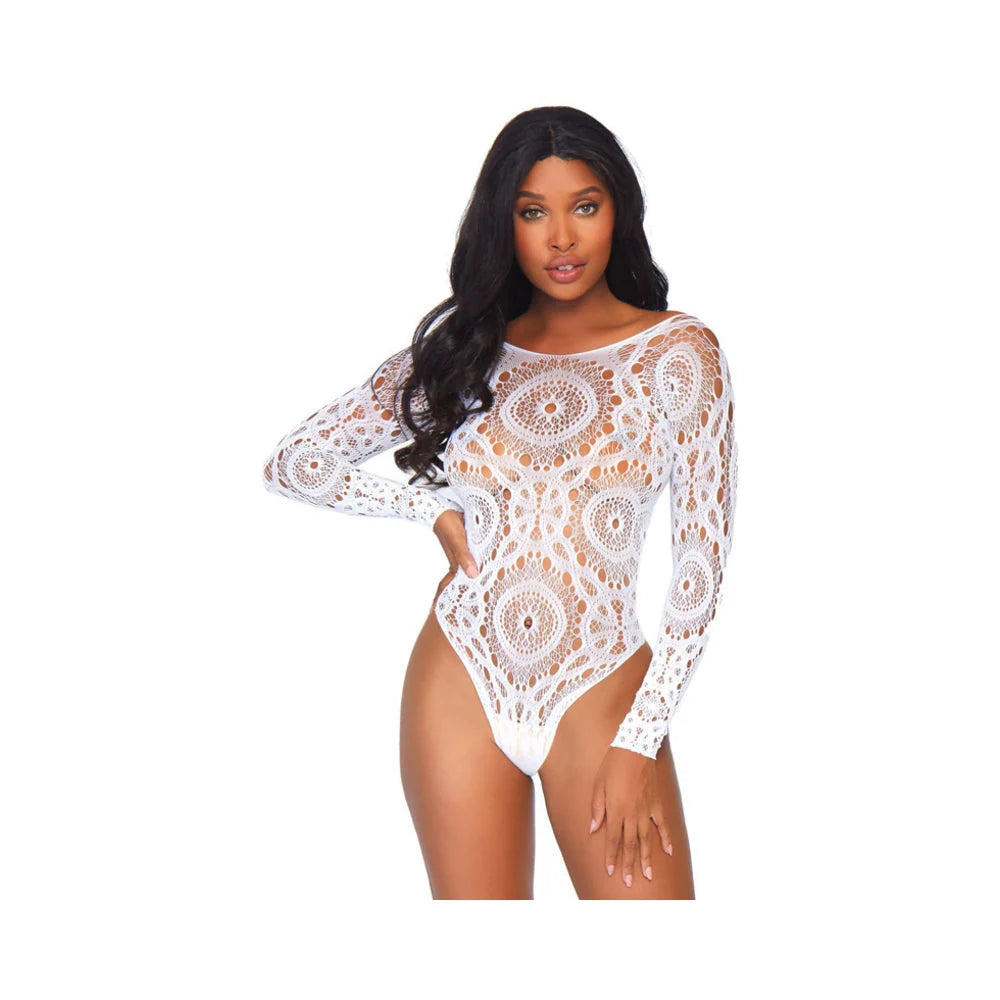 Crochet Lace Long Sleeved Snap Crotch Thong Back Teddy