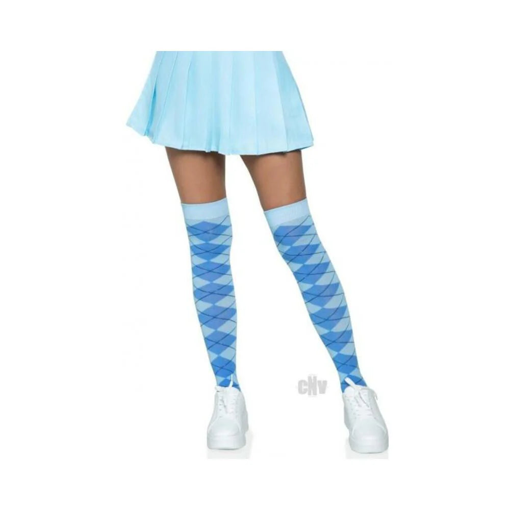 Argyle Knit Over The Knee Socks Os Blue