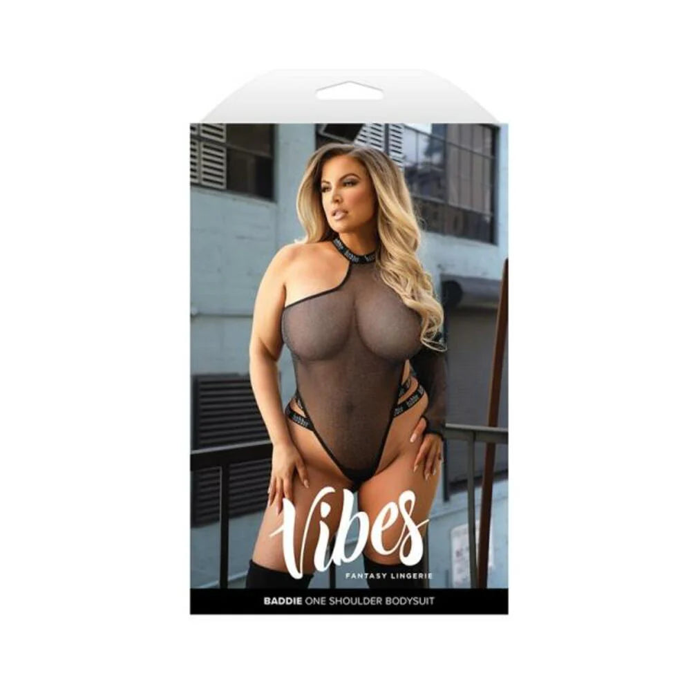 Fantasy Lingerie Vibes Baddie One Shoulder Long Sleeve Glitter Mesh Bodysuit Queen Size