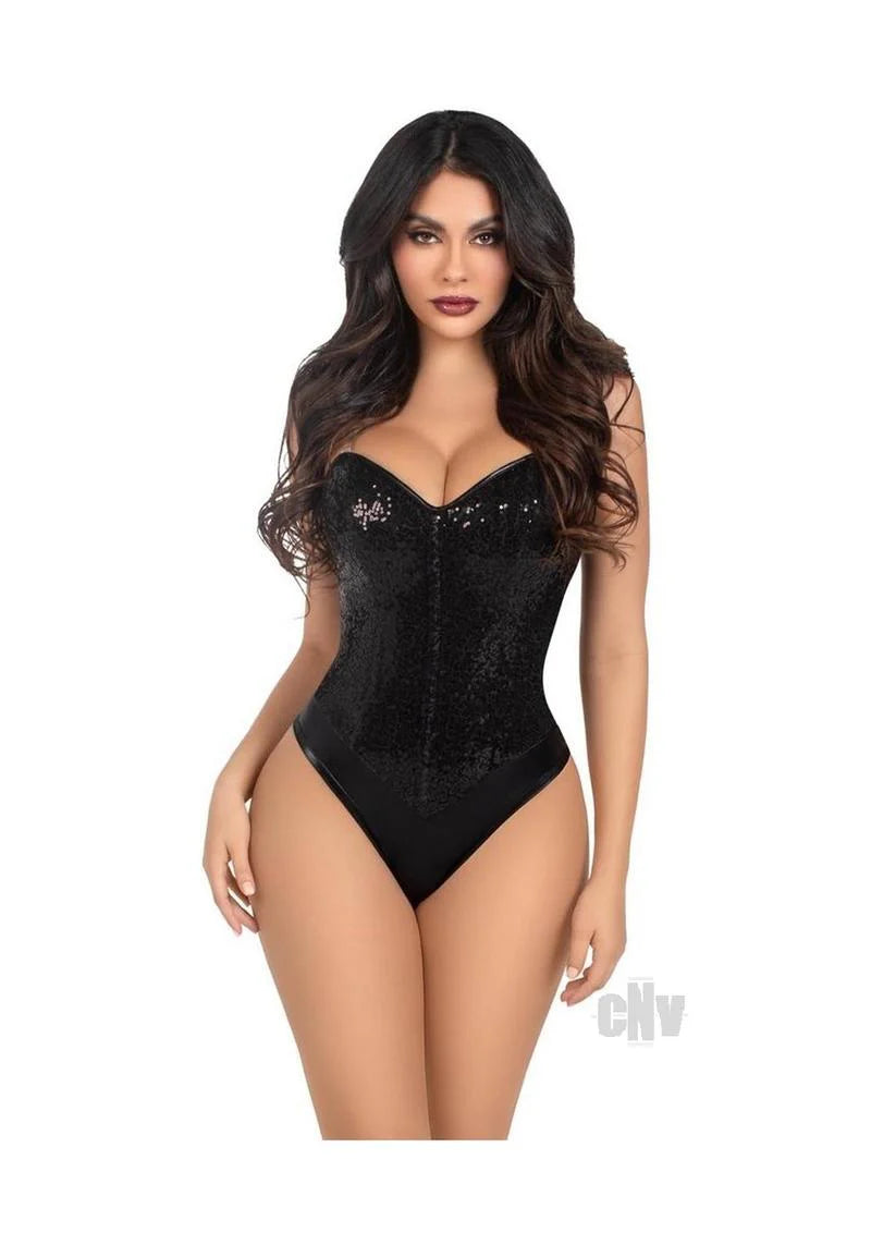 Sequin Bone Snap Bodysuit Strap Sm Blk
