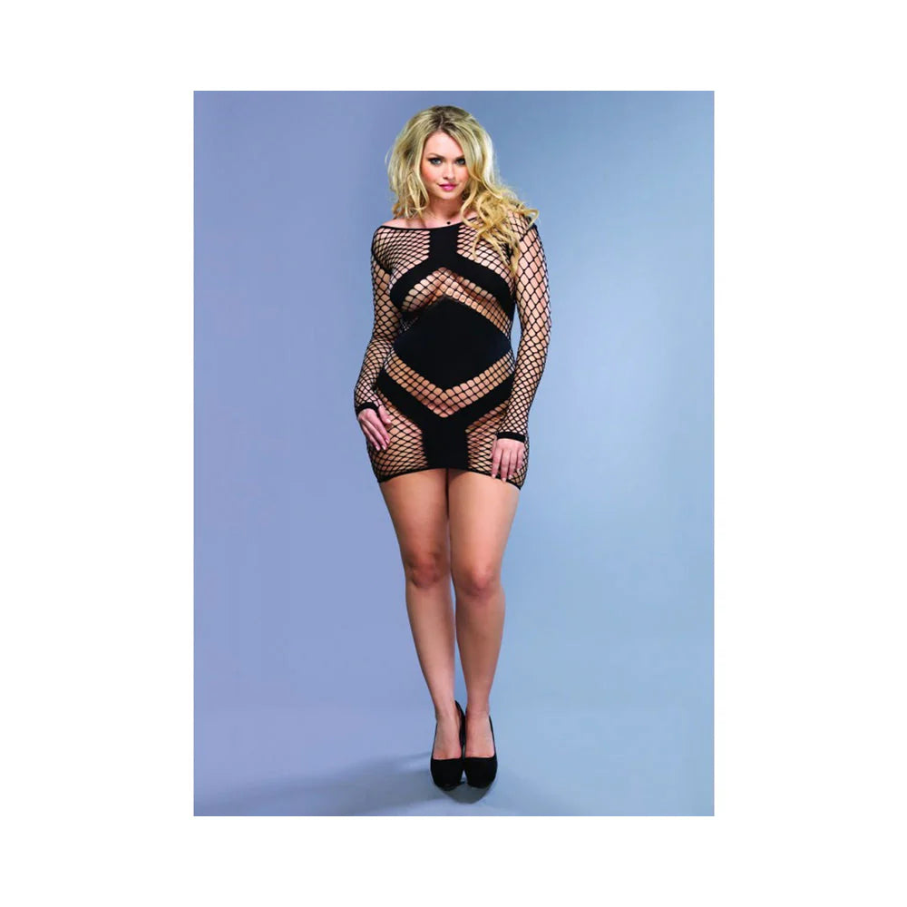 Diamond Net Long Sleeve Mini Dress Opaque Panels Plus Size Black
