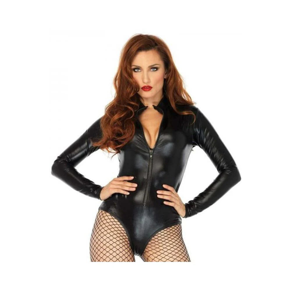 Wet Look High Neck Zipper Front Romper Black Medium