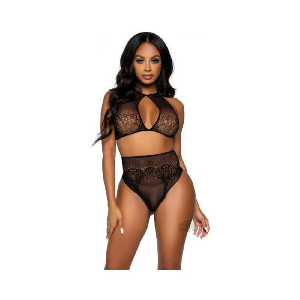 Dotted Net Halter/high Thong 2pc Os Blk