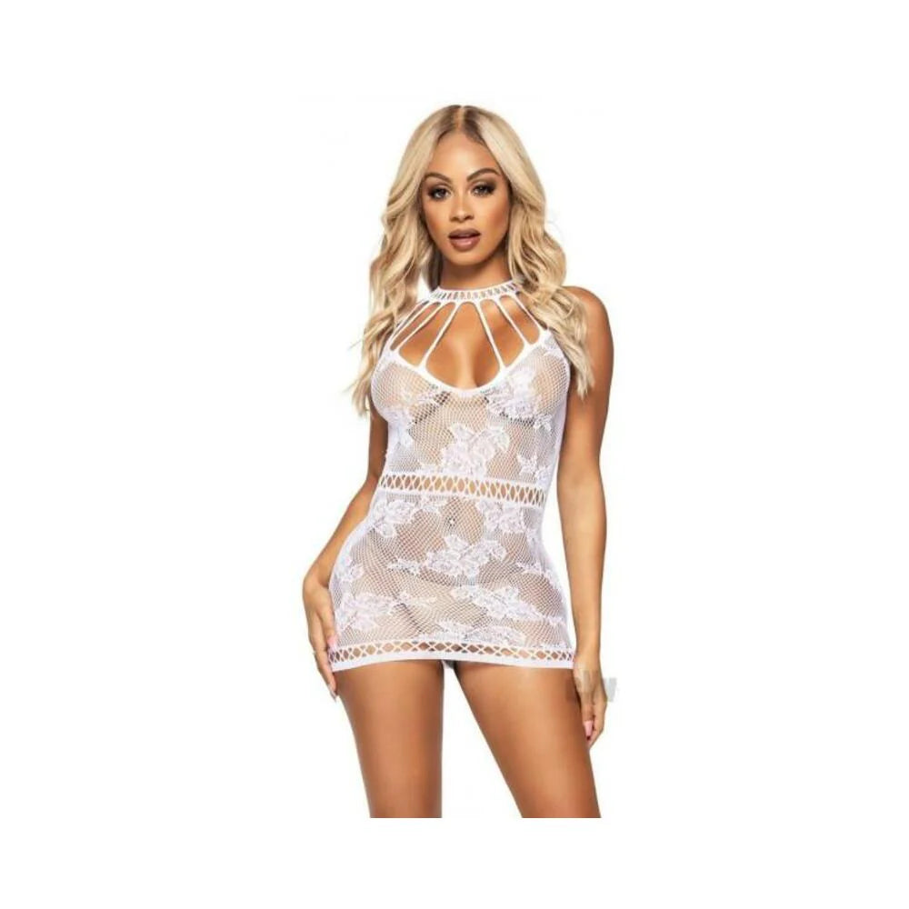 Lace Mini Dress Net Cut Outs Os Wht