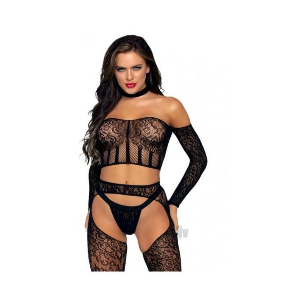 Lace Lng Sleeve Halter Set 3pc Os Blk