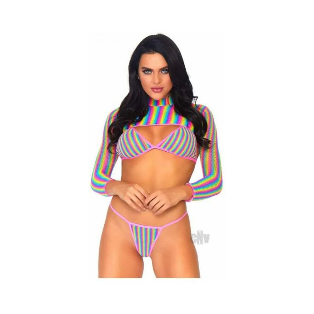 Rainbow Fishnet Bikini 3pc Set Os