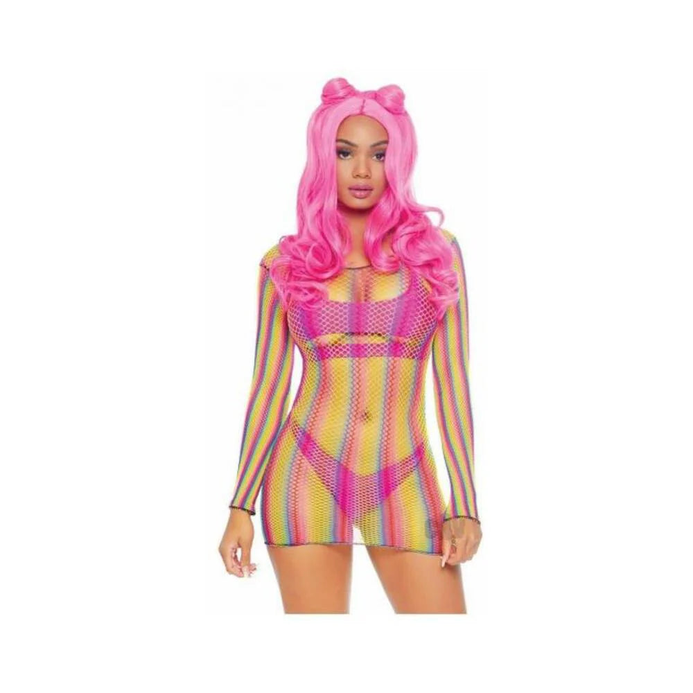 Rainbow Fishnet Sleeve Mini Dress Os