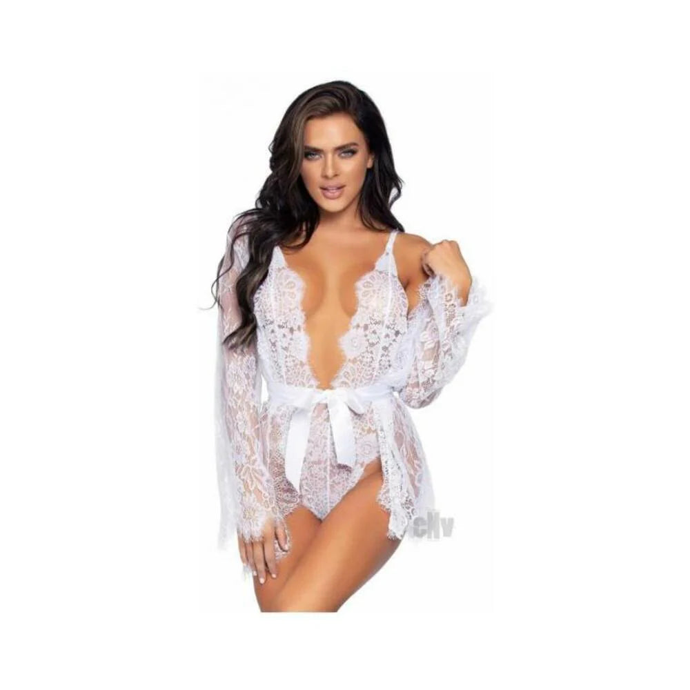 Floral Lace Teddy Thong Robe Tie Lg Wht