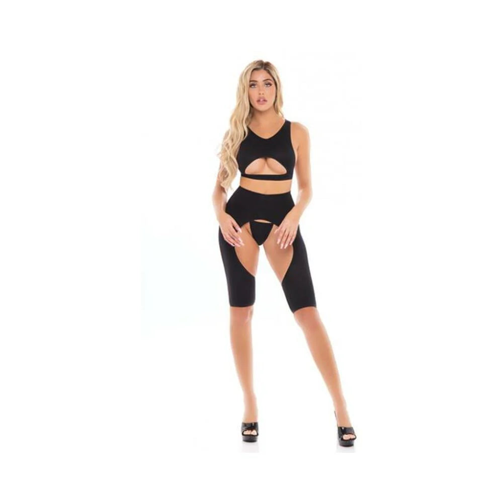 Pink Lipstick Leg Up Chap Style Short, Bra & G-string Black O/s