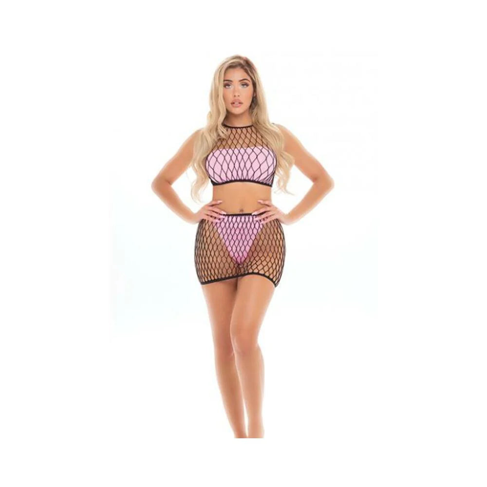 Pink Lipstick Crave You Large Fishnet Cami Top & Skirt, Bandeau Top & Panty Pink O/s