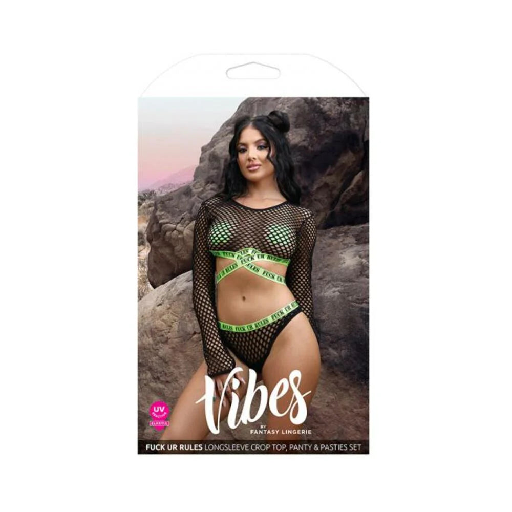 Fantasy Lingerie Vibes Fuck Ur Rules Long Sleeve Fishnet Top & Panty With Uv Reactive Elastic And 1