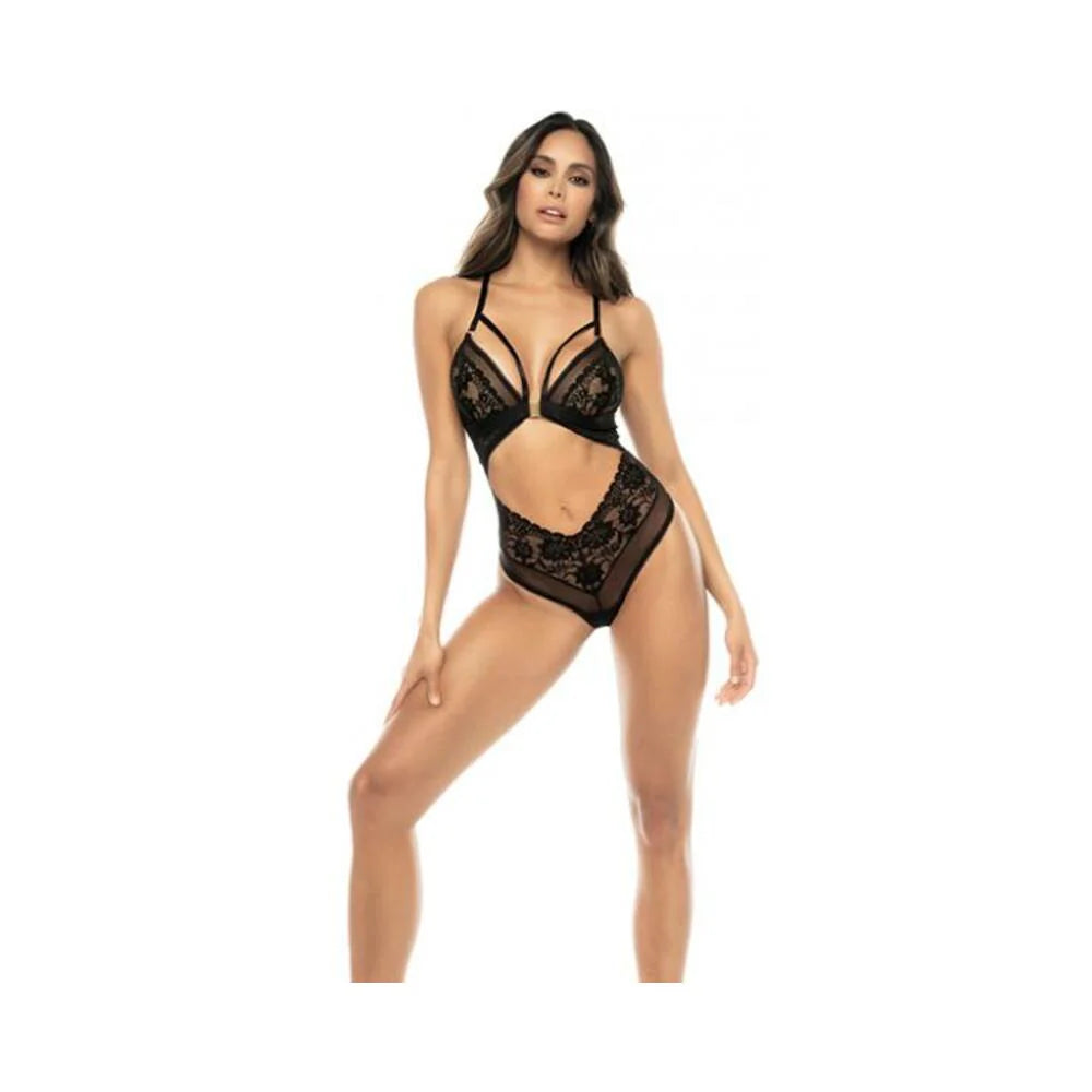 Lace & Mesh Teddy W/front Clasp & Lace Up Back Black L/xl