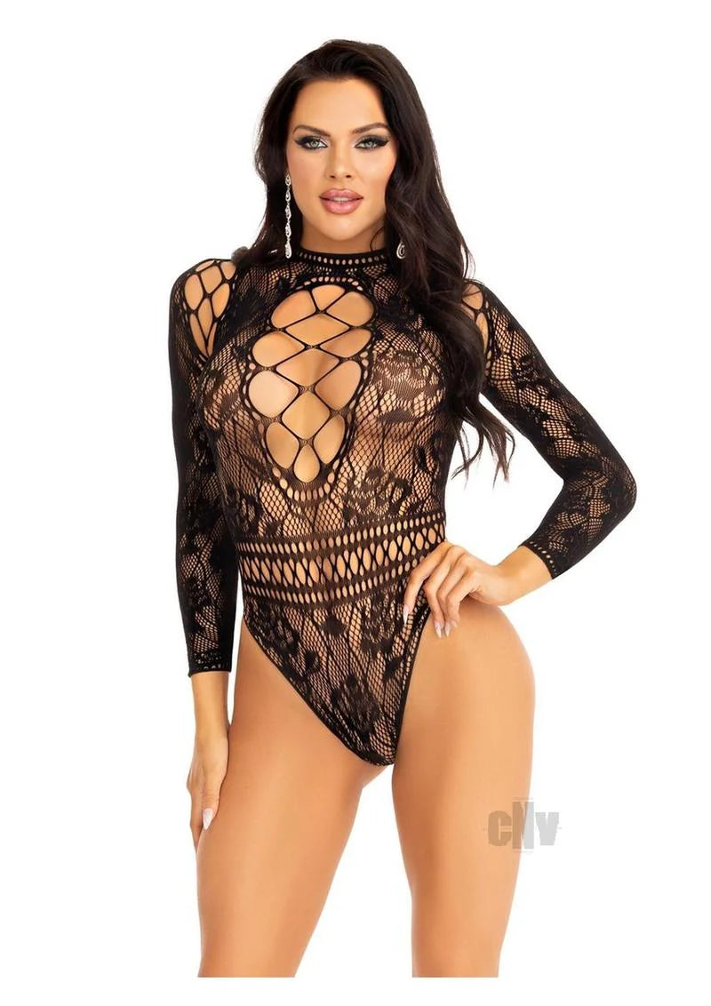 High Neck Lace Net Keyhole Suit Os Blk