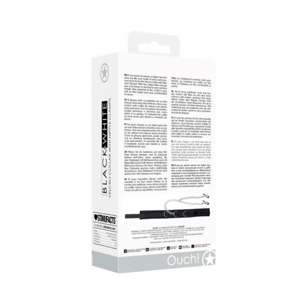 Ouch! Black & White Velcro Collar With Nipple Clamps With Adjustable Straps Black