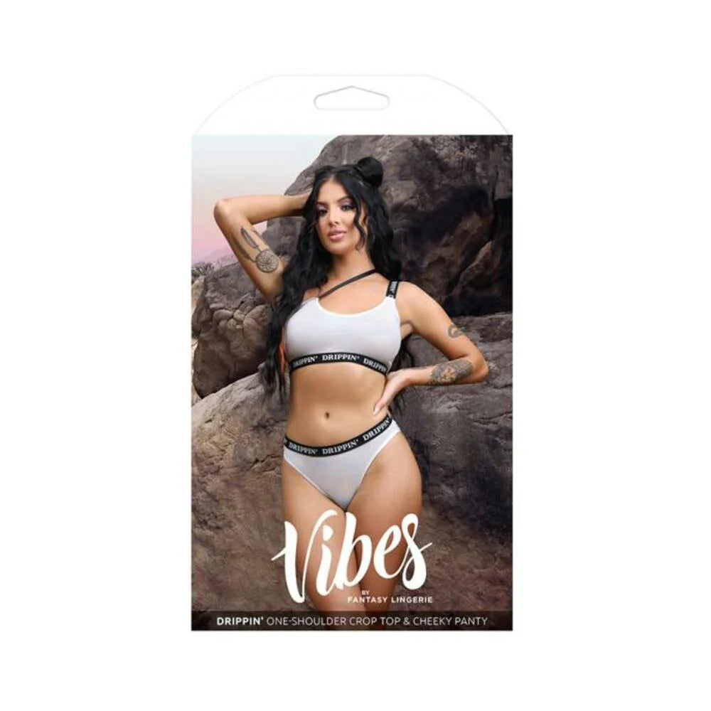 Fantasy Lingerie Vibes Drippin' Iridescent Strappy One-shoulder Top & Cheeky Panty Pearl White L/xl