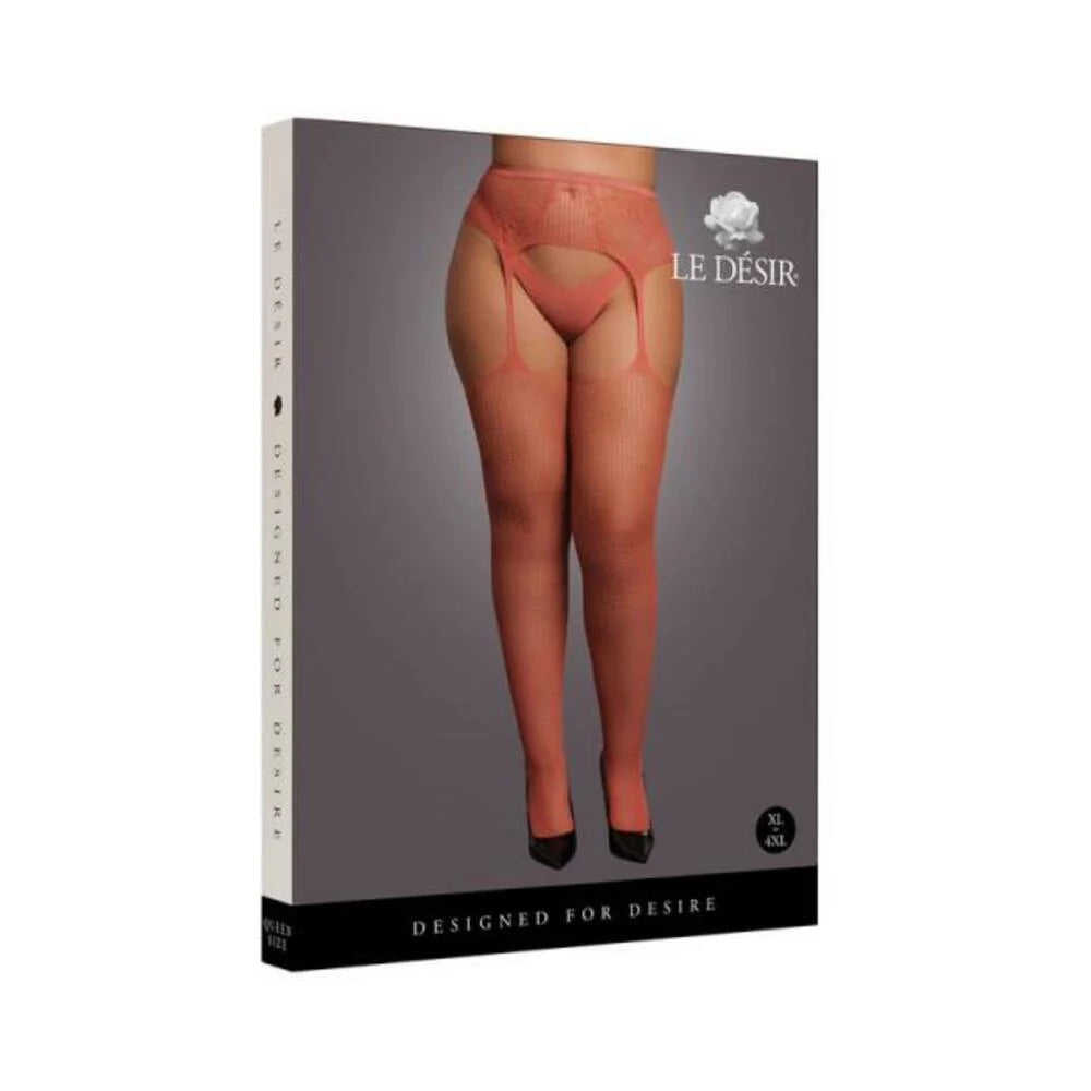 Le Desir Fishnet And Lace Garterbelt Stockings Sunset Glow Queen Size