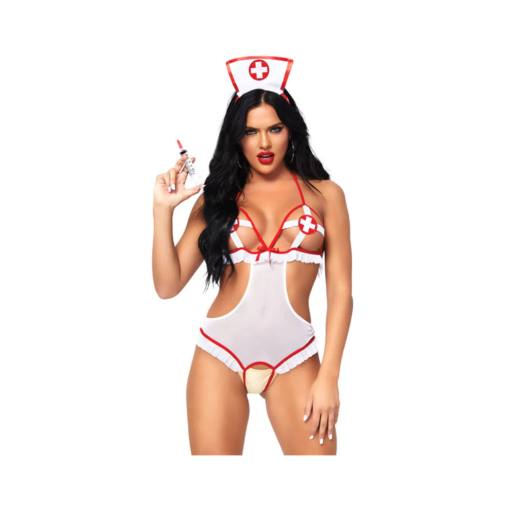 2pc Naughty Nurse, Includes Crotchless Teddy With Peek-a-boo Cups And Matching Headband O/s Wh/rd
