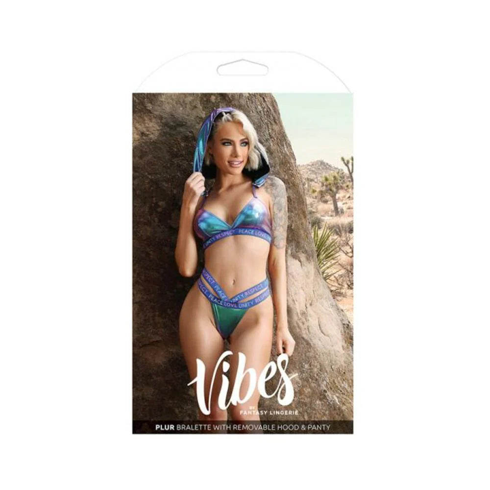 Fantasy Lingerie Vibes Plur Holographic Bralette With Removable Hood & Panty Aqua Holo M/l