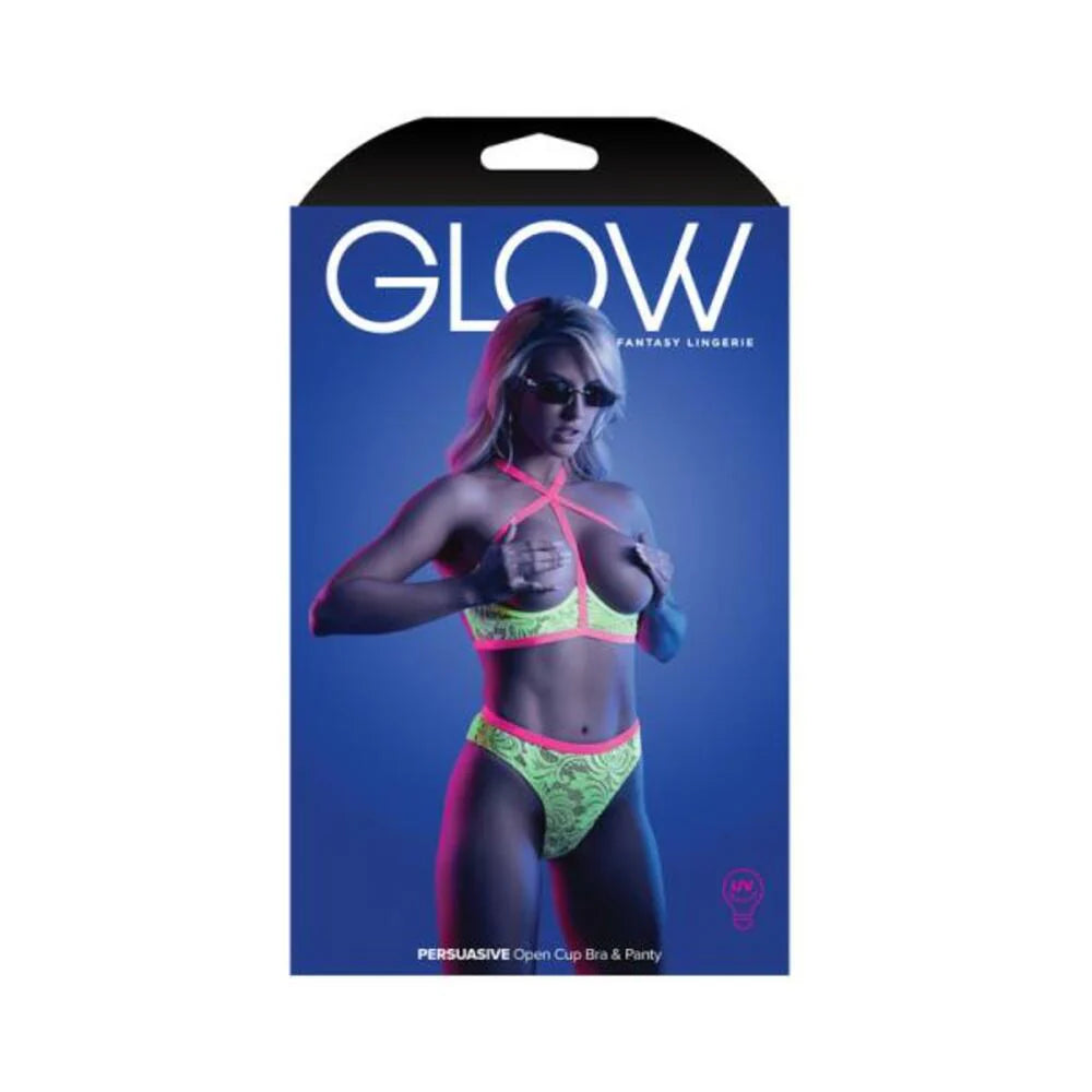 Fantasy Lingerie Glow Persuasive Contrast Elastic Open Cup Lace Cage Bra & Panty Neon Green M/l