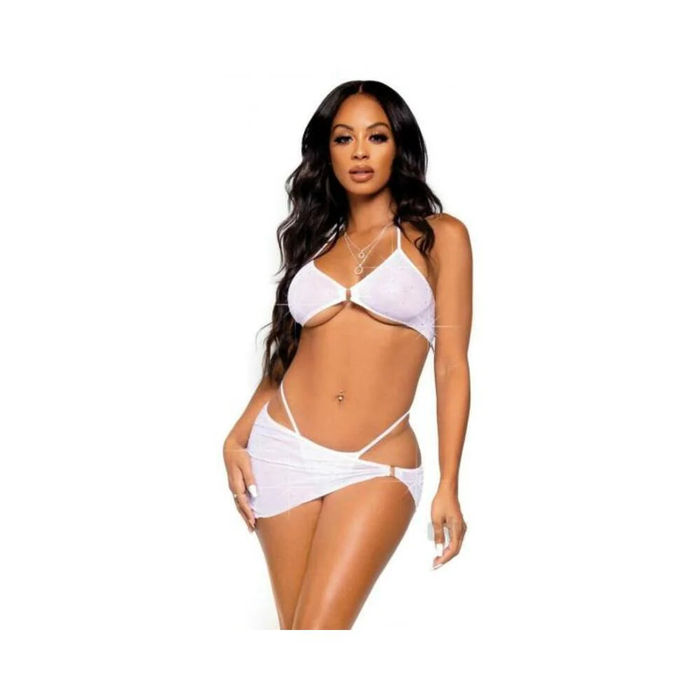 Rhinestone Bra Gstring Sarong 3pc Lg Wht