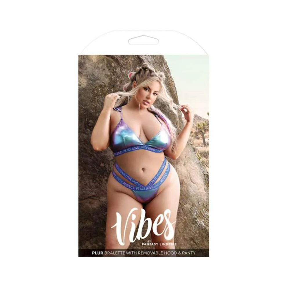 Fantasy Lingerie Vibes Plur Holographic Bralette With Removable Hood & Panty Aqua Holo Queen Size