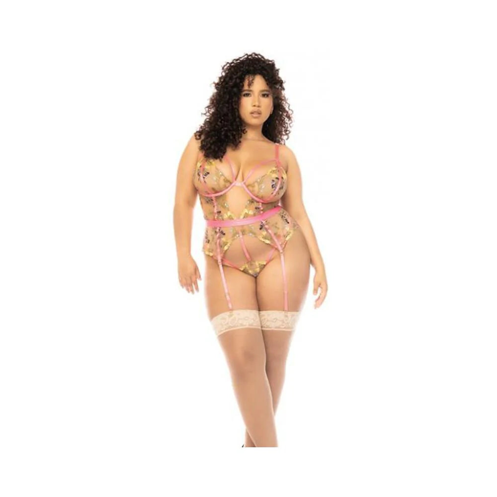 Floral Embroidered Teddy W/underwire Cup & Garters Pink 3x/4x