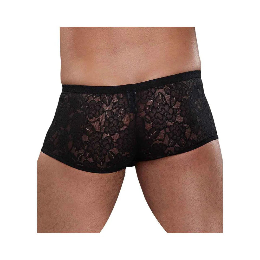 Male Power Stretch Lace Mini Shorts Black Large