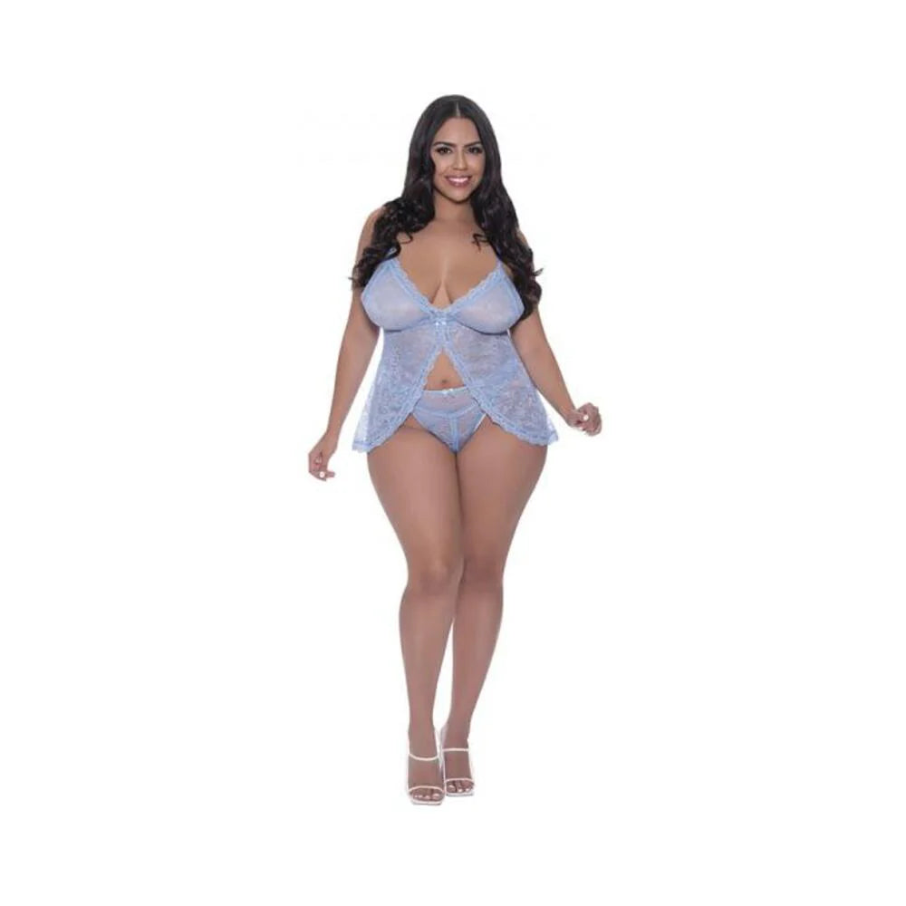 Magic Silk Ooh La Lace Babydoll & Split Crotch Panty Set Periwinkle Queen Size