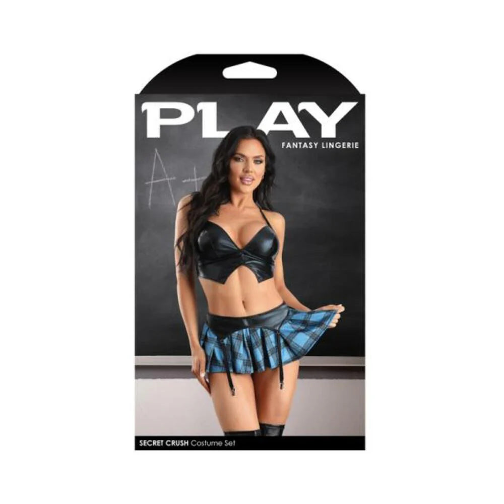 Fantasy Lingerie Play Secret Crush Wetlook Bralette, Gartered Plaid Skirt & G-string Panty Costume L