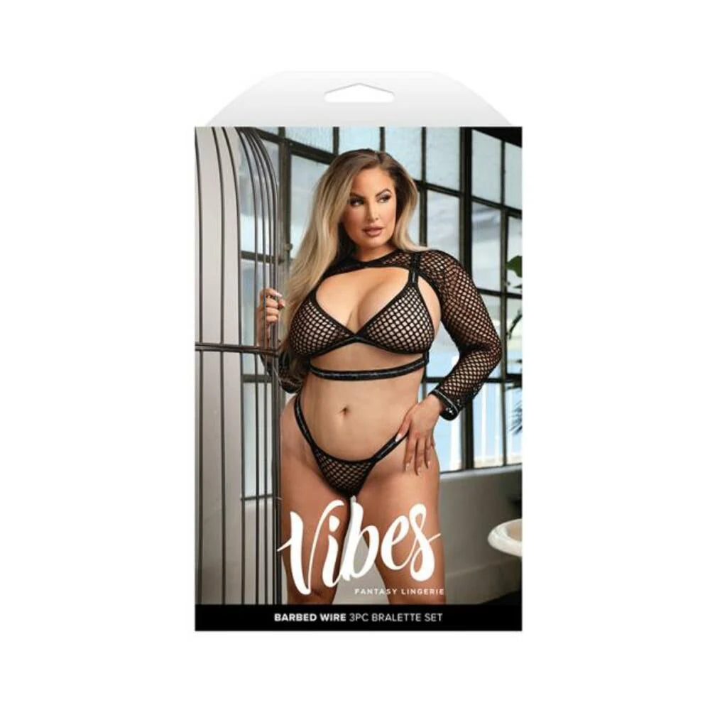Fantasy Lingerie Vibes Barbed Wire Fishnet Bralette, Shrug & Panty Queen Size