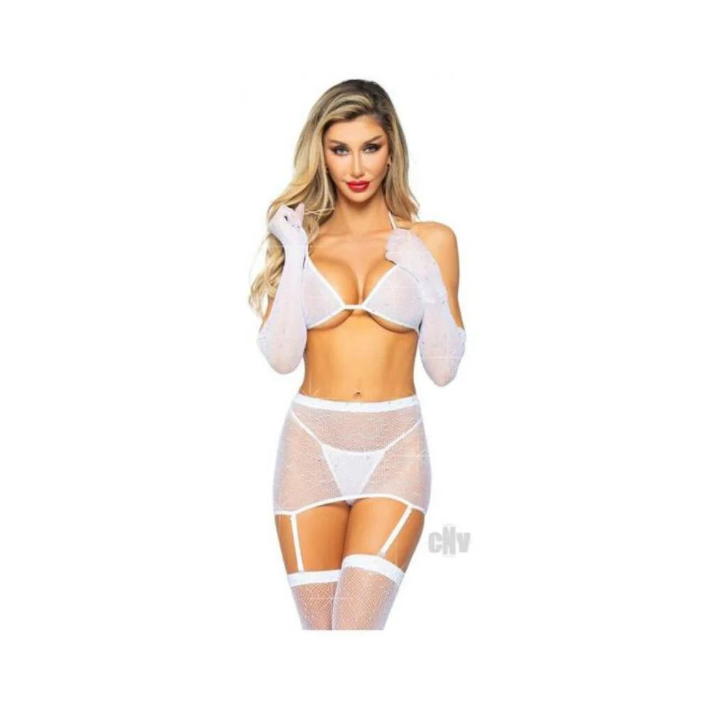 Rhinestone Fishnet Garter Set 5pc White