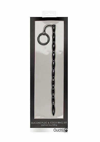 Silicone Plug & Cock Ring Set - Urethral Sounding - Black