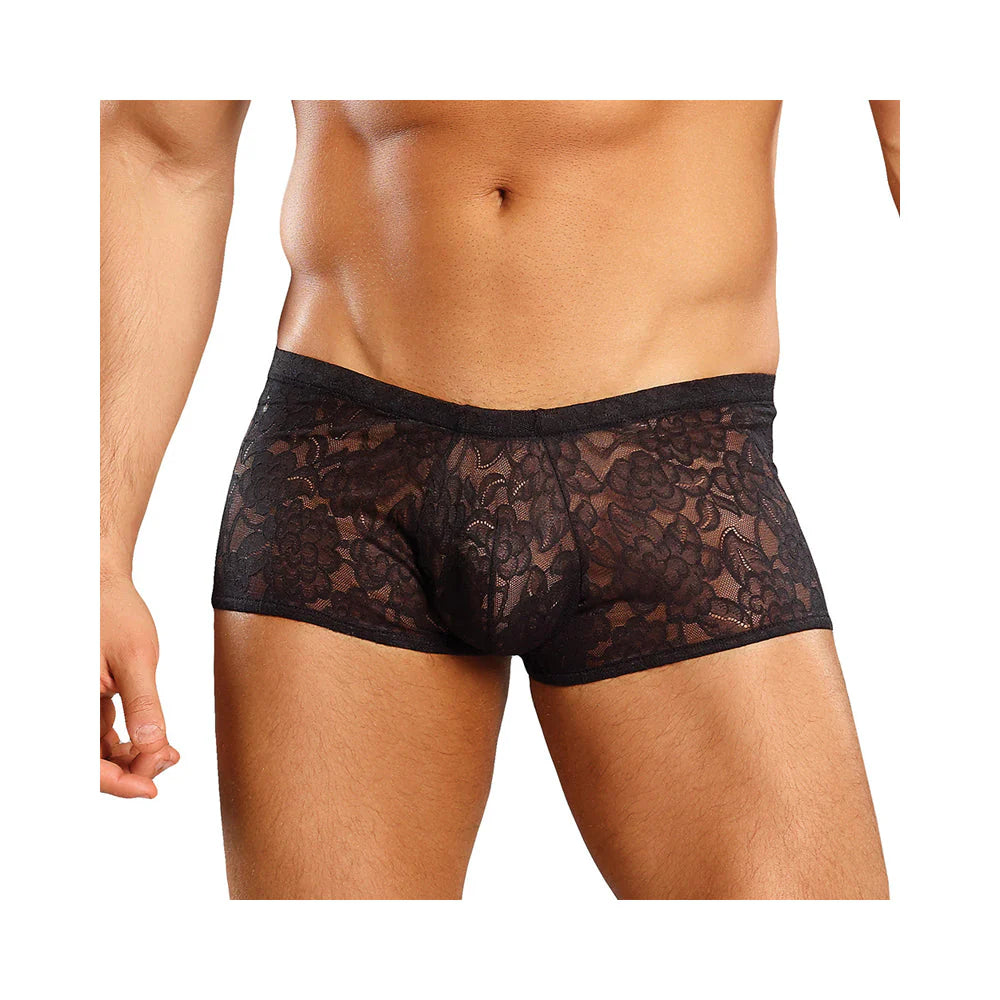 Male Power Stretch Lace Mini Shorts Black XL
