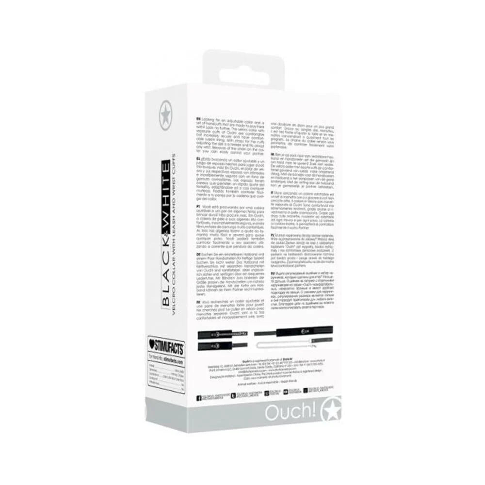 Ouch! Black & White Velcro Collar With Leash And Wrist Cuffs With Adjustable Straps Black