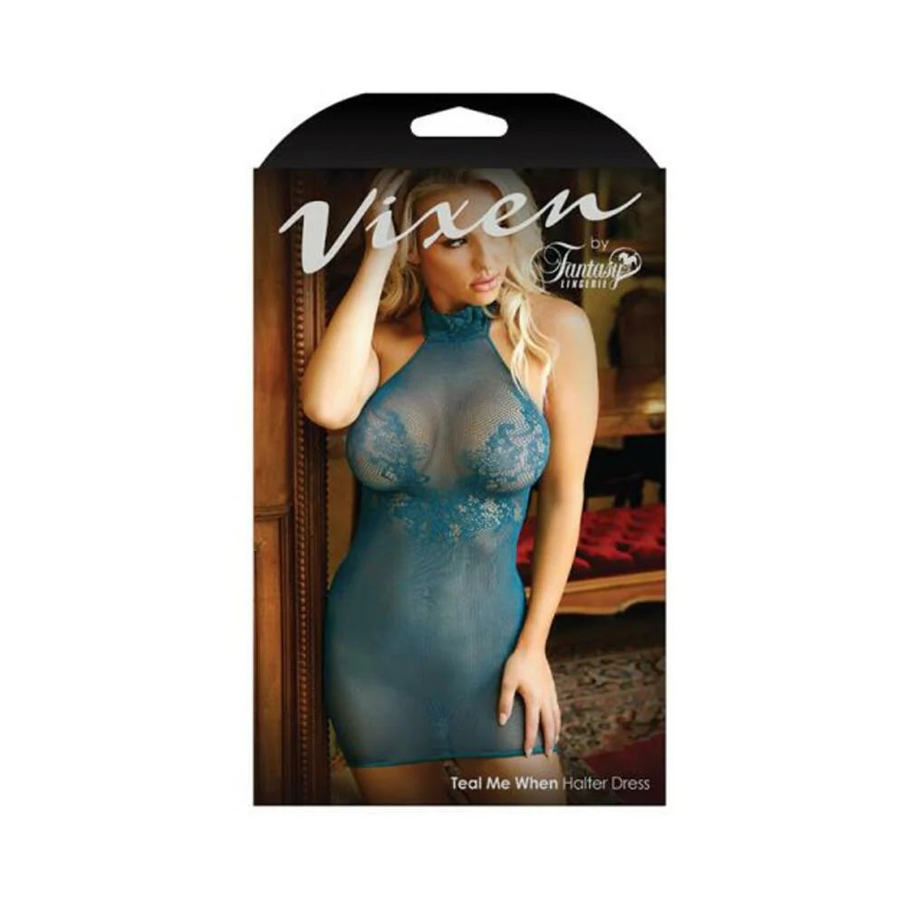 Vixen Teal Me When Halter Net Dress With Floral Lace Design Teal L/xl