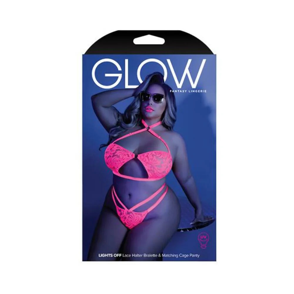 Glow Lights Off Lace Halter Bralette & Cage Panty Neon Pink Qs