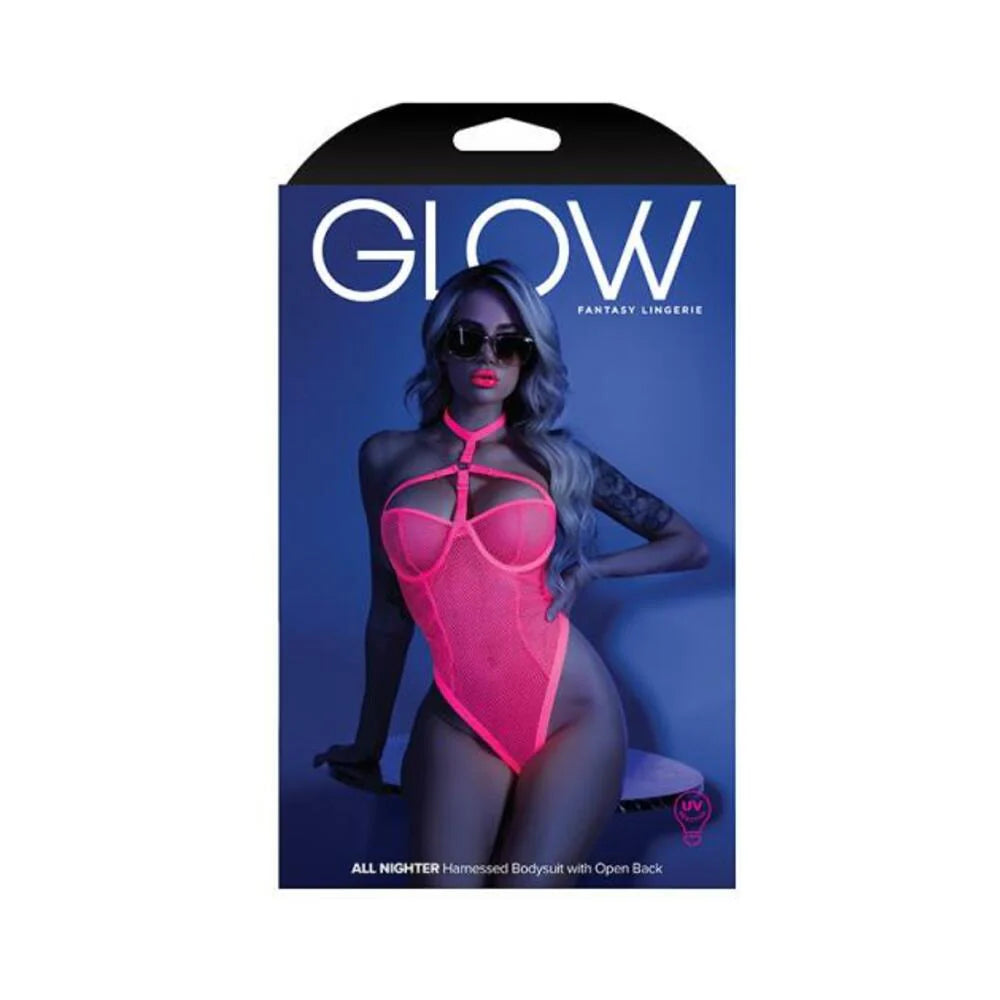 Glow All Nighter Harnessed Mesh Bodysuit Neon Pink M/l