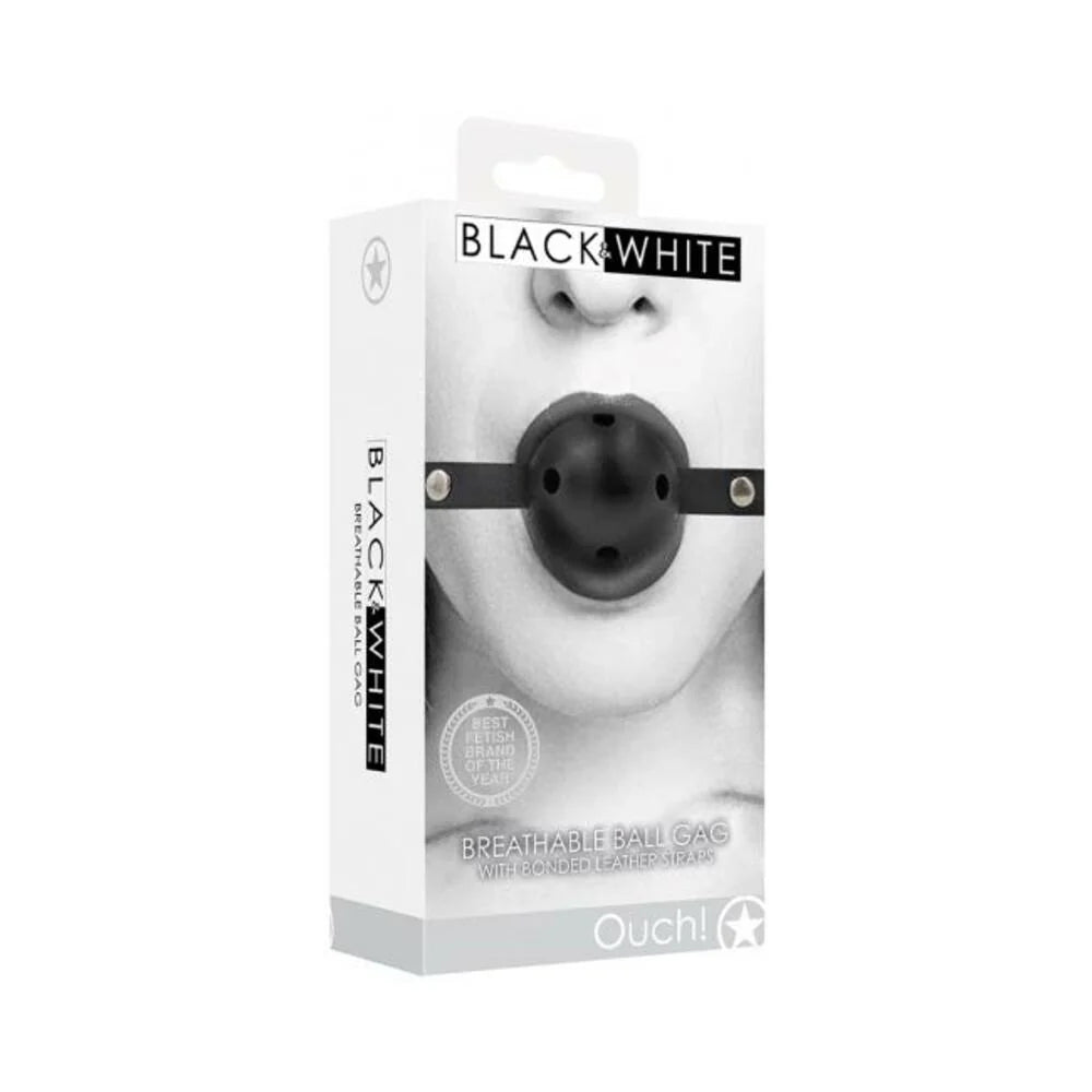 Ouch! Black & White Breathable Ball Gag With Bonded Leather Straps Black