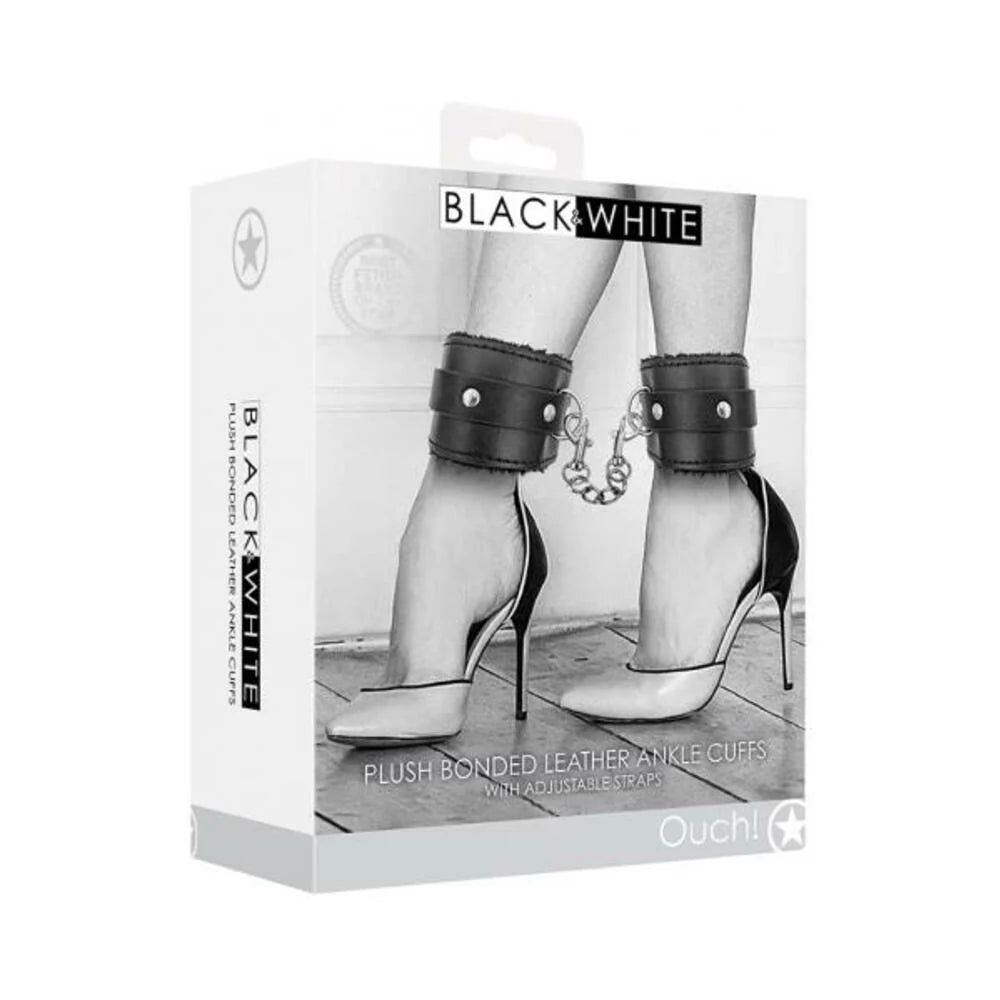 Ouch! Black & White Plush Bonded Leather Ankle Cuffs With Adjustable Straps Black