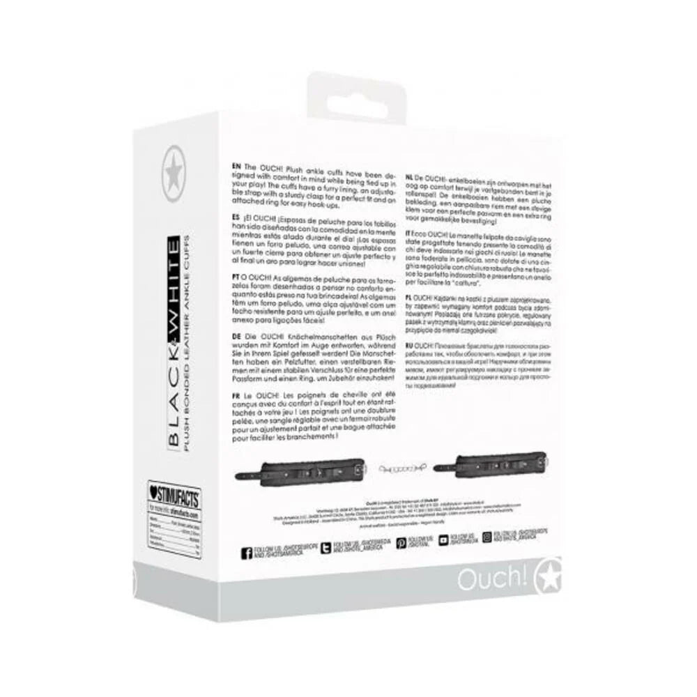 Ouch! Black & White Plush Bonded Leather Ankle Cuffs With Adjustable Straps Black