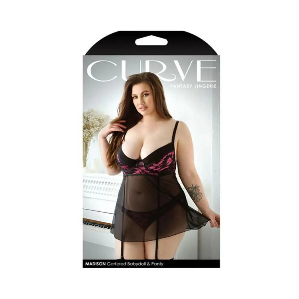 Curve Madison Gartered Lace And Mesh Babydoll With Underwire Cups & Matching Panty 1x/2x Black/pink