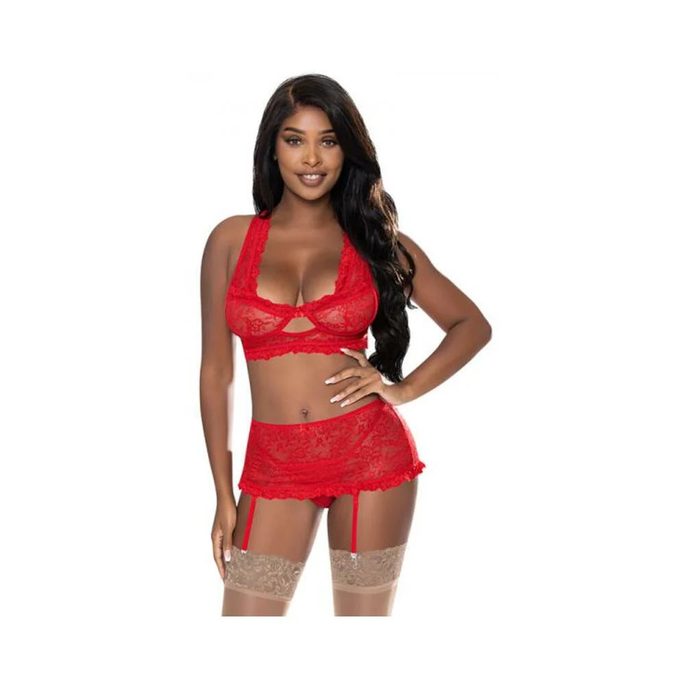 Magic Silk Ooh La Lace Bralette, Garter Skirt & G-string Set Red L/xl