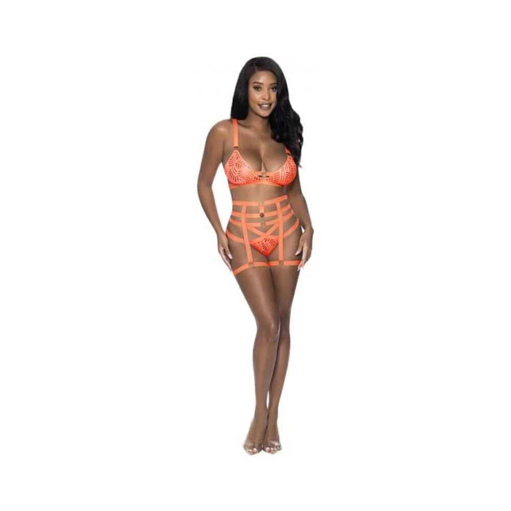 Magic Silk Rude Awakening Bralette, Thigh High Garter & Cheeky Panty Set Neon Orange L/xl